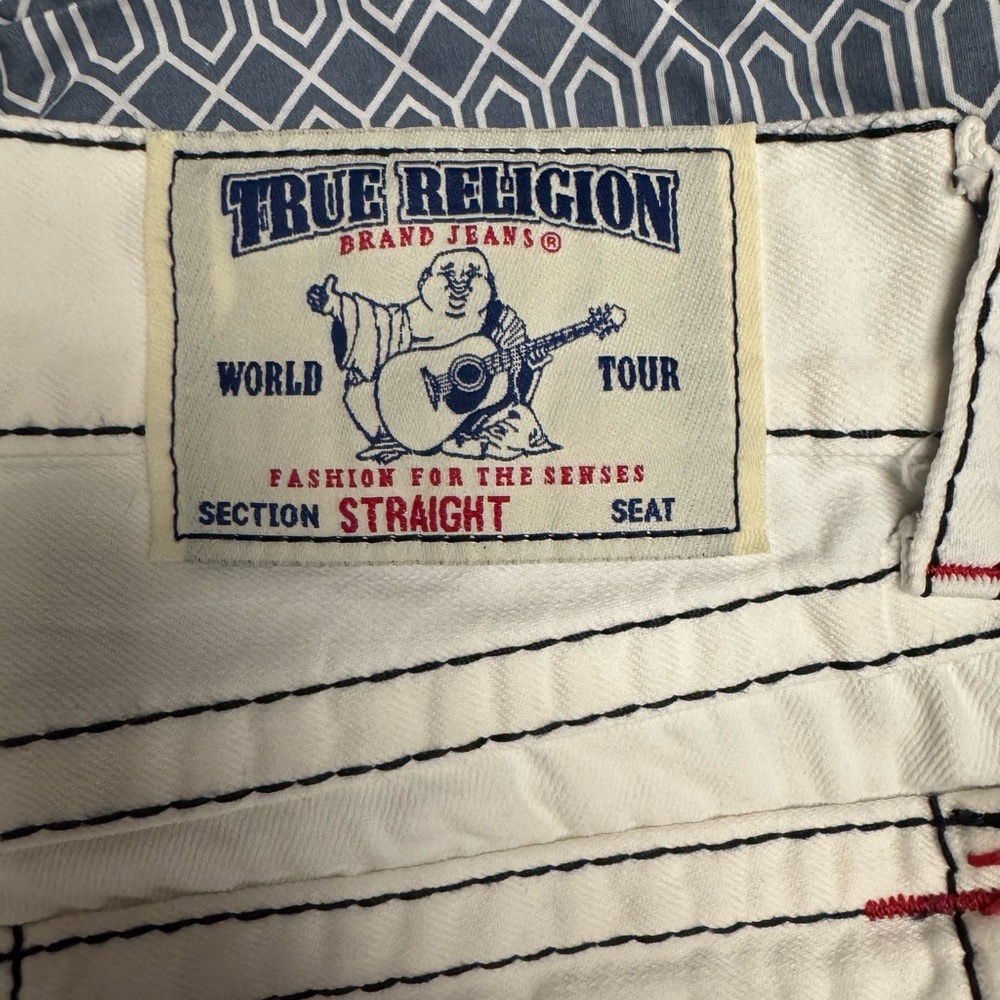 True Religion White Jeans with Red and Black Stitching